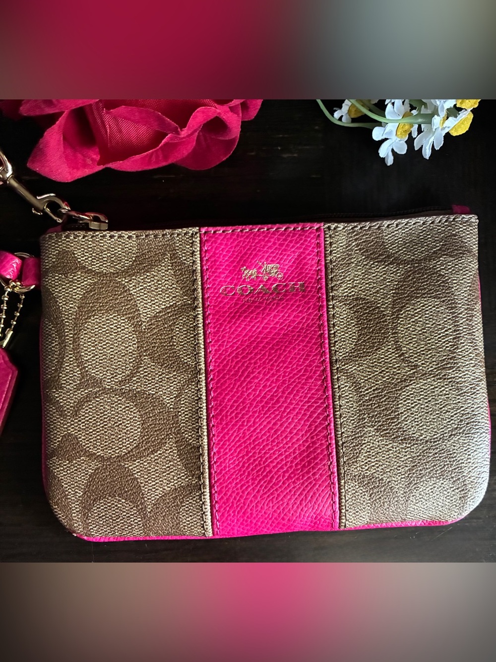 Coach Brown Signature Canvas Wristlet with Bright Pink Stripe